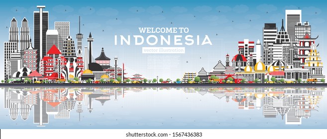 Welcome to Indonesia Skyline with Gray Buildings, Blue Sky and Reflections. Vector Illustration. Tourism Concept with Historic Architecture. Indonesia Cityscape with Landmarks. Jakarta. Surabaya. 