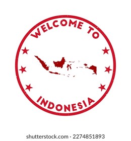 Welcome to Indonesia stamp. Grunge country round stamp with texture in Super Rose Red color theme. Vintage style geometric Indonesia seal. Authentic vector illustration.