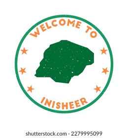 Welcome to Inisheer stamp. Grunge island round stamp with texture in Mango Tango color theme. Vintage style geometric Inisheer seal. Cool vector illustration.