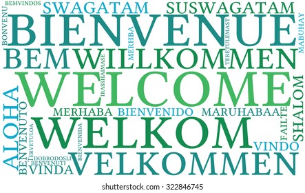 Welcome international Word Cloud On a White Background. Each word used in this word cloud is another language's version of the word Welcome. 