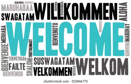 Welcome international Word Cloud On a White Background. Each word used in this word cloud is another language's version of the word Welcome. 