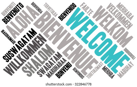 Welcome international Word Cloud On a White Background. Each word used in this word cloud is another language's version of the word Welcome. 