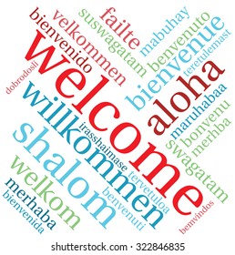 Welcome international Word Cloud On a White Background. Each word used in this word cloud is another language's version of the word Welcome. 