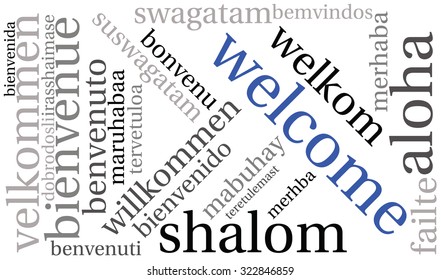 Welcome international Word Cloud On a White Background. Each word used in this word cloud is another language's version of the word Welcome. 
