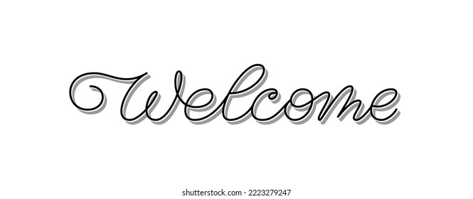 Welcome invitation calligraphic phrase. Thin line swashes lettering housewarming banner header, scrapbook stamp, foil diy engraving, signboard title. Card monoline editable stroke inscription