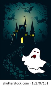Welcome, Invitation for Halloween with castle and ghost