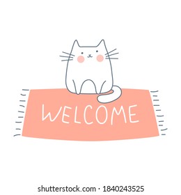 Welcome or invitation sign, onboarding, or successful registration concept. A cute cartoon funny cat is sitting on the red carpet with the word "Welcome". Flat line UI vector illustration on white