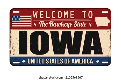 Welcome to Iowa vintage rusty license plate on a white background, vector illustration