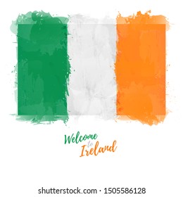 Welcome to Ireland banner. National flag Republic of Ireland in watercolor style design. Irish symbol and print. Vector illustration.