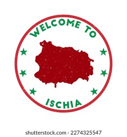 Welcome to Ischia stamp. Grunge island round stamp with texture in Green Revolution color theme. Vintage style geometric Ischia seal. Creative vector illustration.