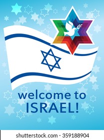 welcome to Israel. flag, david star and peace white dove