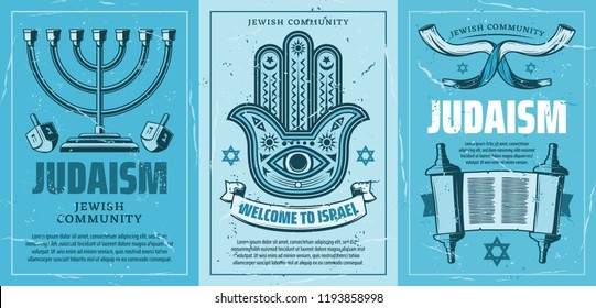 Welcome to Israel posters with Judaism religion attributes. Candlestick and Fatimas hand amulet, Torah book and holy scroll, star of David. Vector retro brochures for travel company, invitation