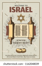 Welcome to Israel retro poster for Jewish community or religious travel. Vector vintage design of holy Torah manuscript roll, David star Magen and Judaism religion Sufganiyot