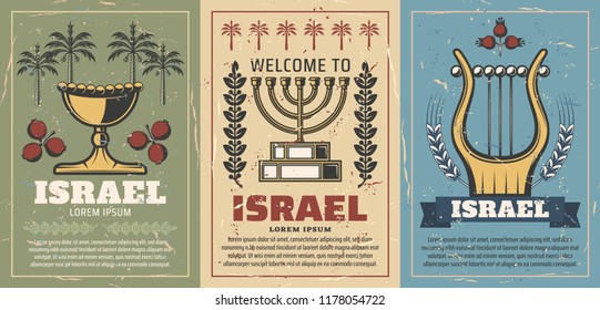 Welcome to Israel retro posters with gold goblet and pomegranate, menorah and laurel branches, harp musical instrument. Jewish culture and judaism religion. Travel vintage brochures vector