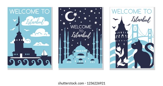 Welcome to Istanbul. Travel to Turkey concept. Set of three vector illustrations with silhouette symbols of Istanbul in modern flat style. Card, poster, flier, print design for travel promotion.