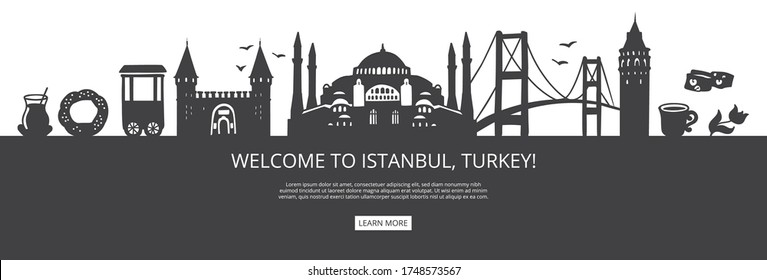 Welcome to Istanbul, Turkey! Black city silhouette and famous Turkish landmarks. City skyline with symbols of Istanbul. Travel to Turkey landing page design. Horizontal banner design for a website.