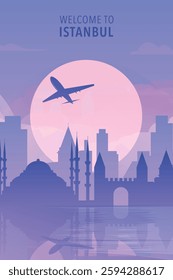 Welcome to Istanbul, Turkey Gradient city poster, card with shapes of skyline, waterfront and airplane. Cool travel vector illustration, print, graphic