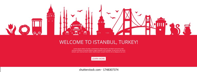 Welcome to Istanbul, Turkey! Red city silhouette and famous Turkish landmarks. City skyline with symbols of Istanbul. Travel to Turkey concept design. Horizontal banner design for a web page.