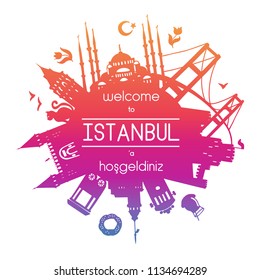 Welcome to Istanbul. Vector illustration of famous turkish attractions. Gradient silhouettes of landmarks in Turkey in circle composition isolated on white with round frame for your text or message.