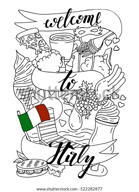 welcome italy banner doodle design coloring stock vector