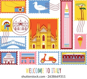 Welcome to Italy branding technology concept. Collection of flat vector web icons. Post stamp culture travel set, famous architectures, specialties detailed silhouette. Italian famous landmark