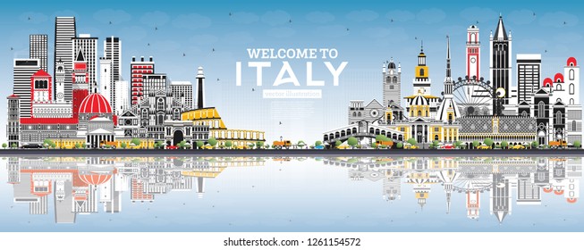 Welcome to Italy City Skyline with Gray Buildings, Blue Sky and Reflections. Famous Landmarks in Italy. Vector Illustration. Tourism Concept with Historic Architecture. Italy Cityscape with Landmarks.