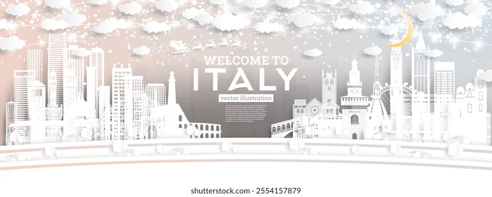 Welcome to Italy city skyline in paper cut style with snowflakes, moon and neon garland. Vector illustration. Christmas and new year concept. Santa Claus on sleigh. Italy cityscape with landmarks.