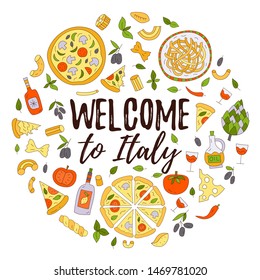 Welcome to Italy. Lettering with illustration in circle shape