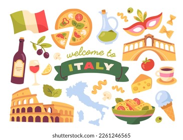 Bienvenidos al set de stickers italianos. Insignias de la cultura tradicional italiana. Pizza, aceite de oliva, gelato, vino, coloseo, pasta. Viajes y turismo. Colección vectorial plana de dibujos animados aislada en fondo blanco