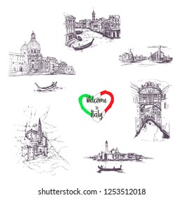 Welcome to Italy symbols set.Set of Italy landmarks,travel .Hand drawn set with Grand Canal,Santa Maria Cathedral,Bridge of Sighs .Vector illustration Venice,Garda.Italy Sketch Set.Europe.