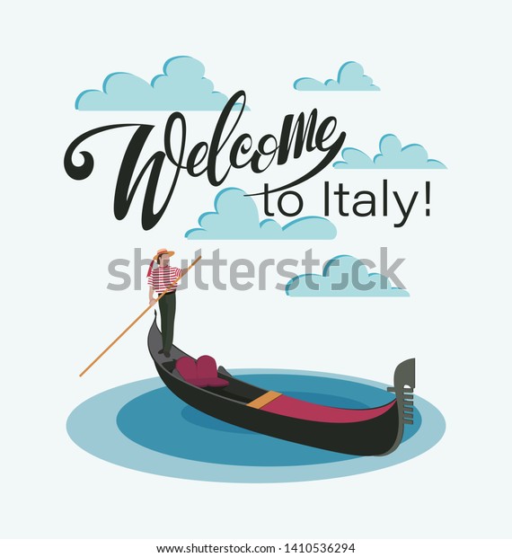 イタリアへようこそ ベネチアへ ベニスのゴンドラ とゴンドリエ イタリア旅行への招待 イタリア人男性の職業 観光ポスターのデザインエレメント 白い背景にベクターイラスト のベクター画像素材 ロイヤリティフリー