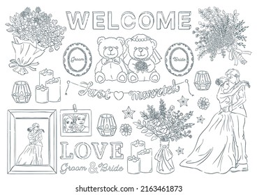 Welcome item line drawing clipart. Wedding illustration set. Wedding goods. Hand drawing.