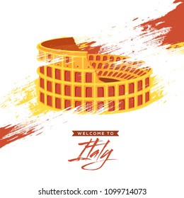 Bienvenido a Itlay, afiche, banner o volante con la ilustración del Coliseo, Roma sobre el fondo del pincel.