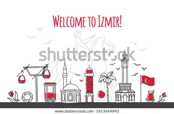 Welcome to Izmir.\
Modern vector illustration of famous symbols of the Turkish city.\
Mosque, cable cars, national flag. Travel to Turkey web banner and\
landing page design.