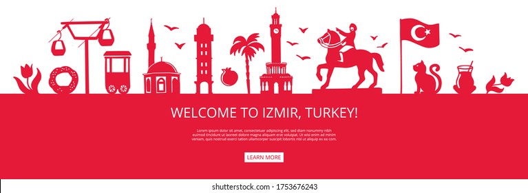 Welcome to Izmir, Turkey! Red city silhouette with famous Turkish landmarks. City skyline with landmarks of Ankara. Travel to Turkey concept design. Horizontal landing page design for a website.