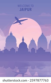Welcome to Jaipur, India. Gradient city poster, card with shapes of skyline, waterfront and airplane. Rajasthan state travel vector illustration, print, graphic