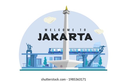 Welcome to Jakarta city, the national city of Indonesia in vector cityscape illustration concept