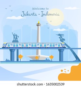 Welcome to Jakarta, Flat illustration of Jakarta city with mass rapid transportation