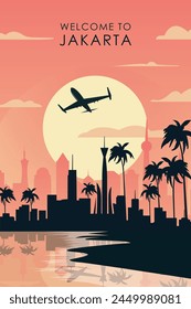 Welcome to Jakarta, Indonesia. Retro city poster with abstract shapes of skyline, buildings, plane flying over shore. Vintage Southeast Asia travel vector illustration