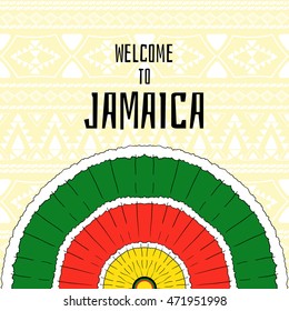 Welcome To Jamaica Vector. Jamaica Flyer Or Banner For Tourist Design. Colorful Print For Card, Poster Or Background. Tribal Concept.