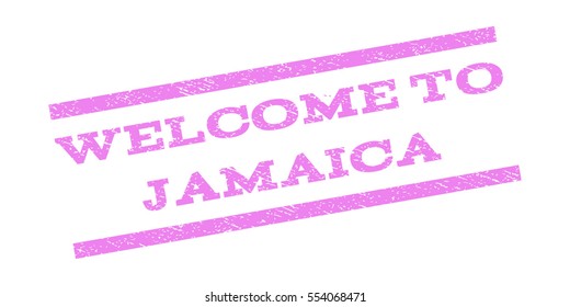 Welcome To Jamaica watermark stamp. Text tag between parallel lines with grunge design style. Rubber seal stamp with dirty texture. Vector violet color ink imprint on a white background.