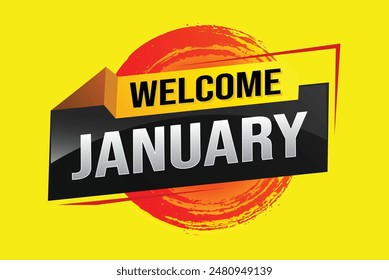 Willkommen Januar Word-Text-Konzept-Symbol-Logo-Zeichen-Symbol-Vektorgrafik-Hinweis 3D-Stil für die Verwendung Zielseite, Vorlage, Social Media, Web, mobile App, Poster, Banner, Flyer, Hintergrund, Geschenkkarte, Coupon


