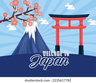 Welcome to japan with arch and fuji mountain