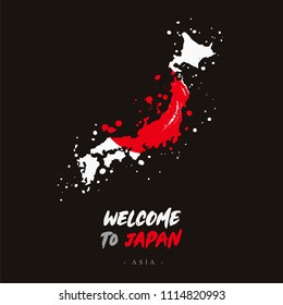 Welcome to Japan. Asia. Flag and map of the country of Japan from brush strokes.
Lettering. Vector illustration on black background.