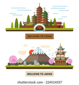 Welcome to Japan and China. Temples and Mount Fuji landscapes. Vector Flat illustrations