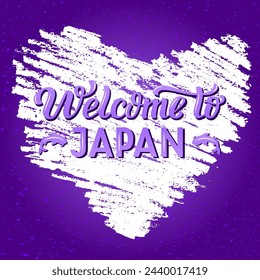 Welcome To Japan color tourist lettering text on textured background. Hand drawn vector illustration with decor for advertising or banner. Positive motivational traveling quote for template or poster