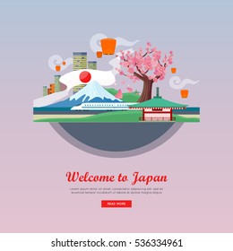Welcome to Japan concept web banner. Flat style vector. Vacation in Asia. Illustration with city landscape, mount Fuji, air lanterns, sakura, pagoda, train. For travel company landing page design