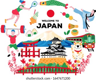 Welcome to Japan with famous Japanese landmarks and tradition. Web banner, poster, isolated on white background, illustration, vector.