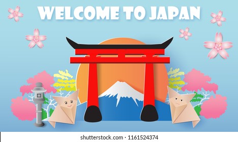 Welcome to Japan with famous landmarks,mountain,gate,colorful tree and sakura flower,paper art style.