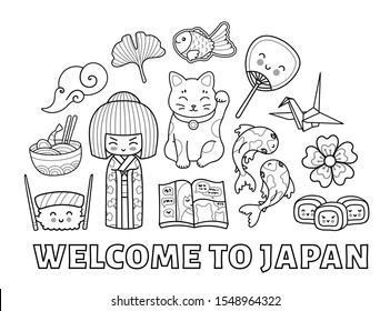 Welcome to Japan. Graphic outline famous symbols. Vector illustration for coloring book.